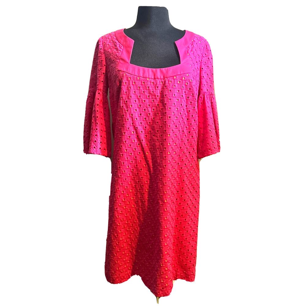 Trina Turk Dress Pink & Yellow Lined Eyelet Shift Dress Bell Sleeves Womens Sz 6